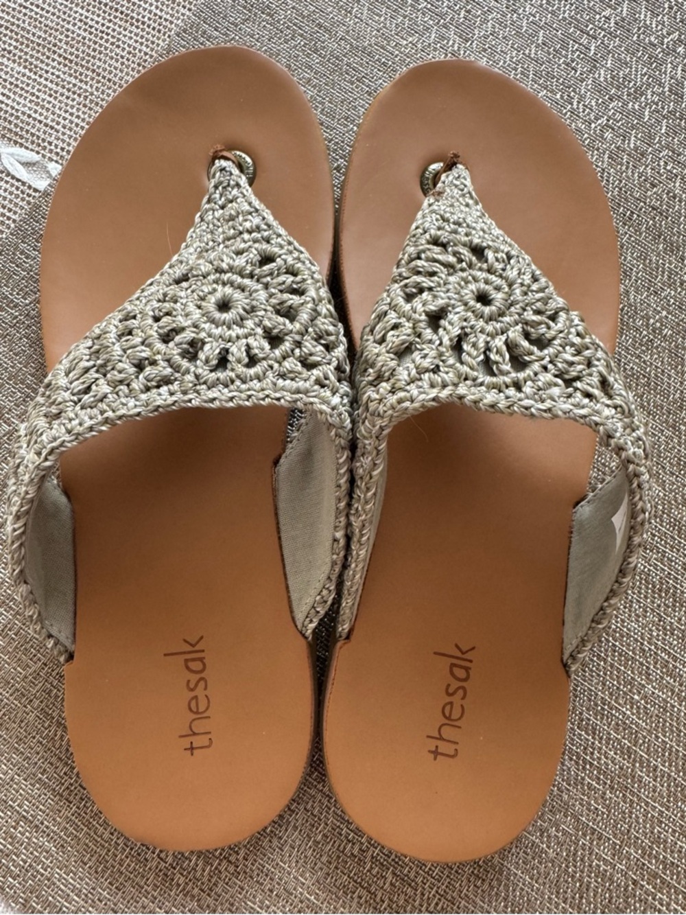 The Sak Crochet Thong Sandals in Tan and Light Gray